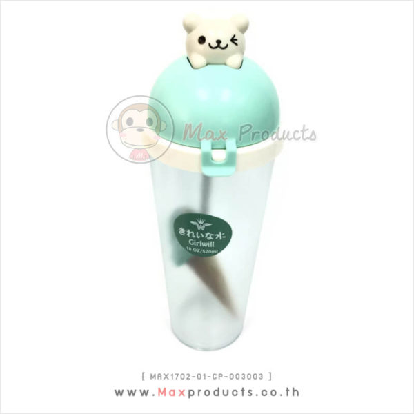 กระบอกน้ำพลาสติกฝาโดม หัวแมว สีเขียว-ขาว รหัส MAX1702-01-CP-003003