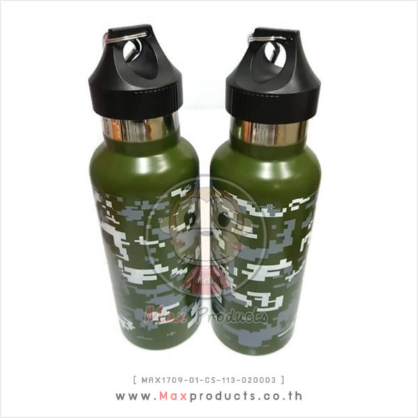 กระบอกน้ำสแตนเลส พรีเมี่ยม ลายทหาร มีหูหิ้ว ฝาเป็นแก้วดื่มน้ำได้ MAX1709-01-CS-113-020003