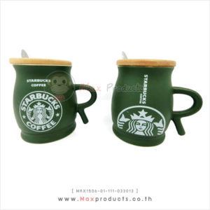 แก้วเซรามิค starbuck พรีเมี่ยม ฝาไม้ + ช้อน ทรงคล้ายโอ่ง