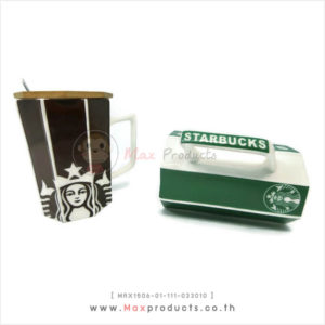 แก้วเซรามิค starbuck พรีเมี่ยม ฝาไม้ + ช้อน แก้วทรงเหลี่ยม