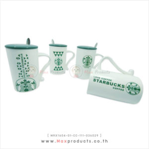 แก้วเซรามิค starbuck พรีเมี่ยม ลายสตาบัค ฝาสีเขียว + ช้อน