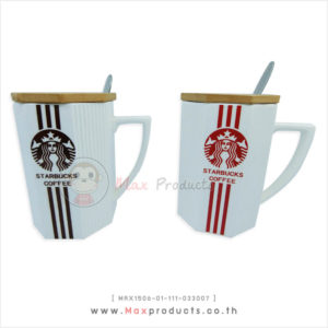 แก้วเซรามิค starbuck พรีเมี่ยม แก้ว+ฝาทรง หกเหลี่ยม มีช้อน