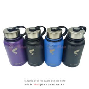 กระบอกน้ำสแตนเลส 900 ML ทรงเล็ก ฝาสีเงิน พร้อมสายติดกับฝา